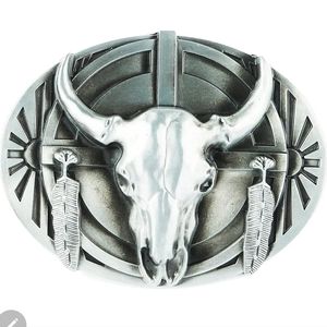 Longhorn steer feathers western belt buckle approximately 3.75" inches wide.